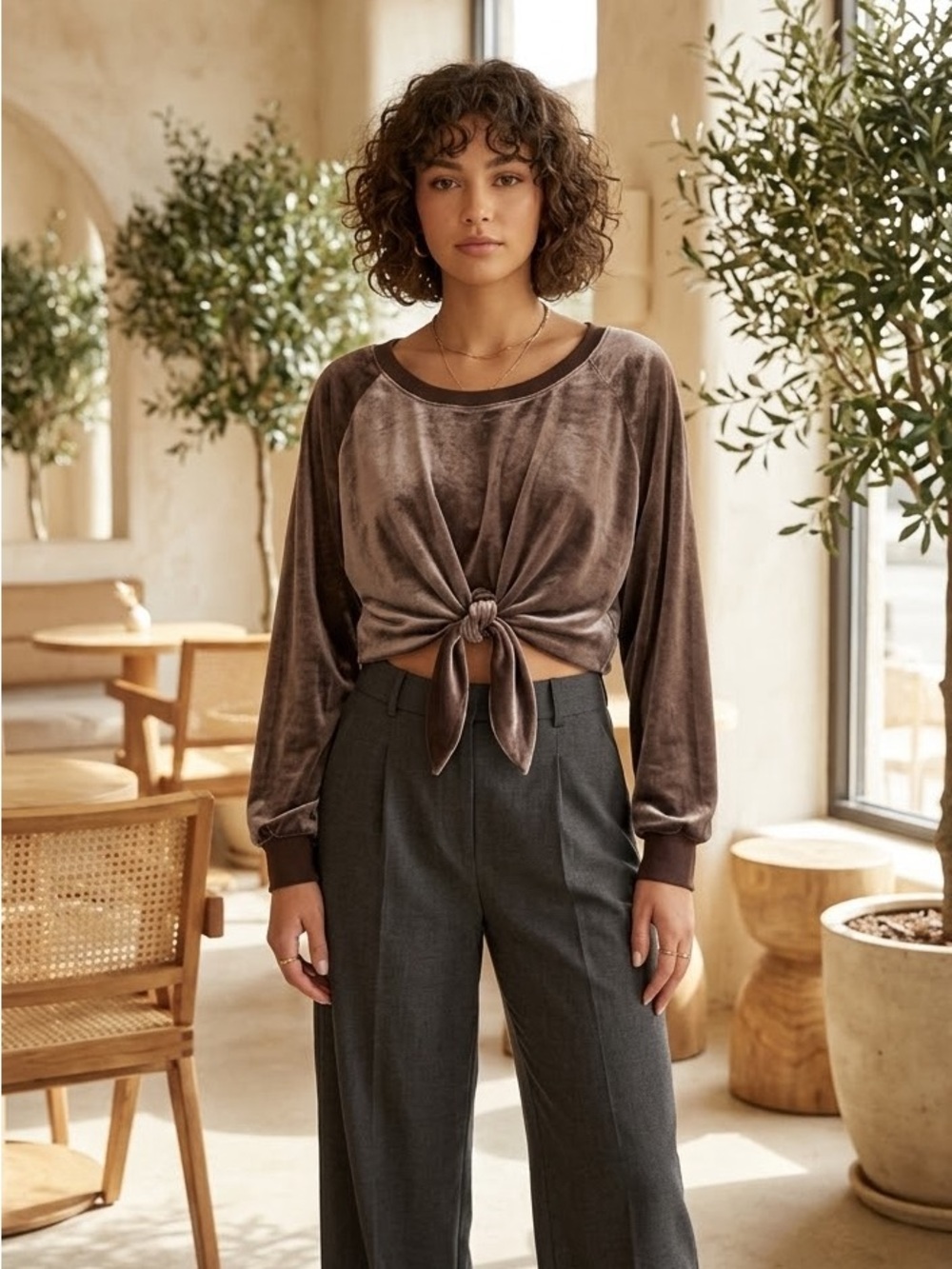 Nude Mocha Brown Velvet Tie Front Oversized Long Sleeve Crop Top Size S